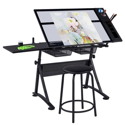 Height Adjustable Glass Drafting Table & Stool Set Art Table