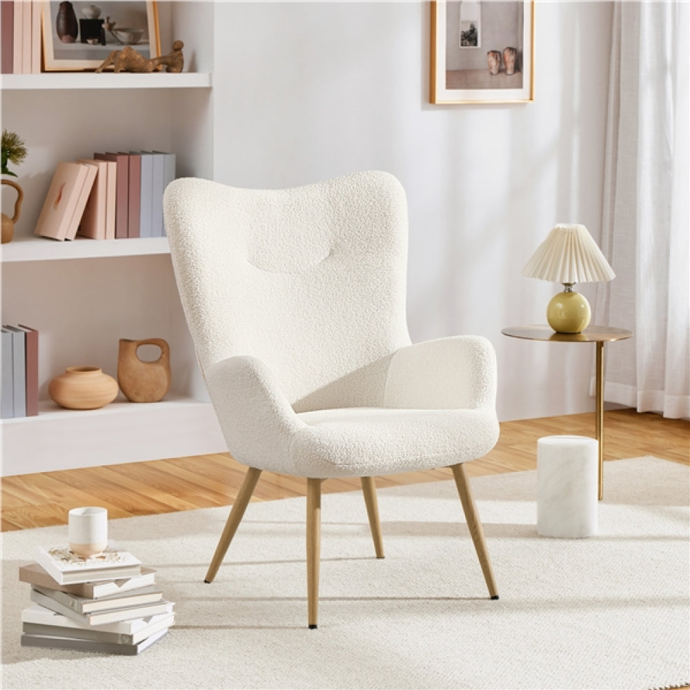 Boucle Fabric Armchair Accent Chair with Wood-tone Metal Legs