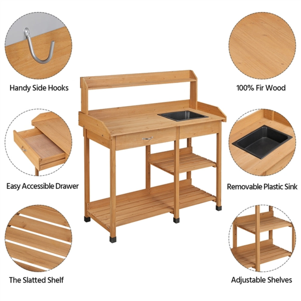 Potting Bench Table Removable Sink Firwood Drawer Open Multiple Shelves