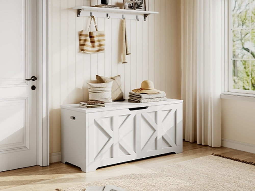 132L Rustic Farmhouse Style Storage Bench Spacious Wooden Storage Chest
