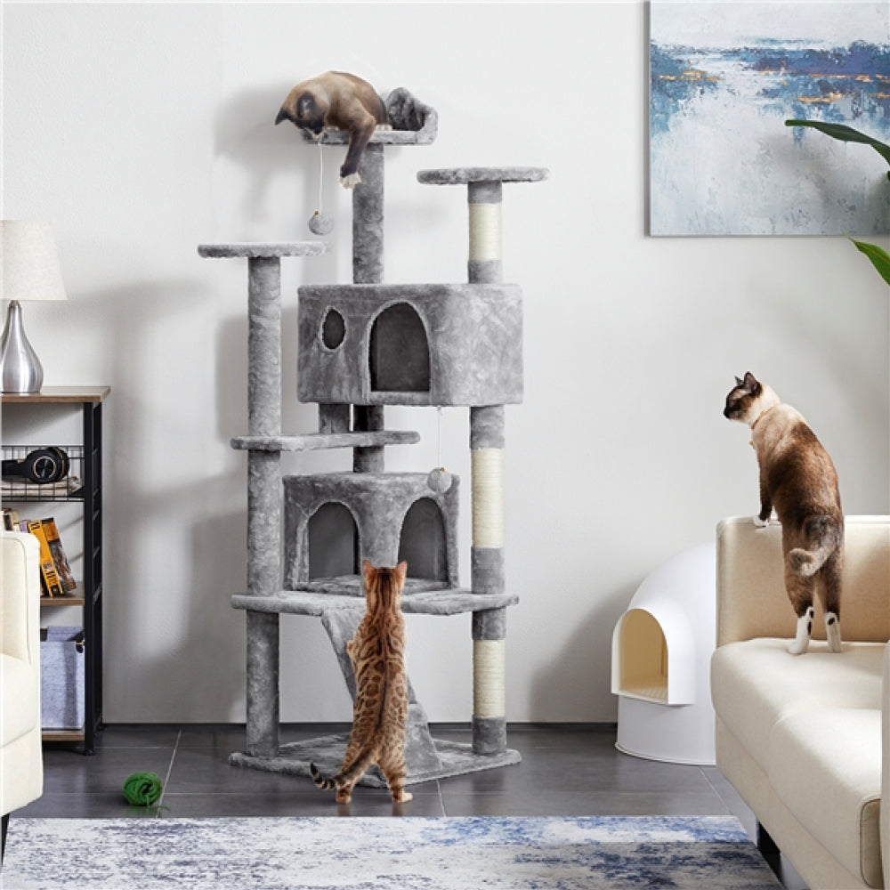 Cat Tree Condo Kitten Tree Tower w/ 2 Condos & 2 Dangling Balls & 3 Scratching Posts