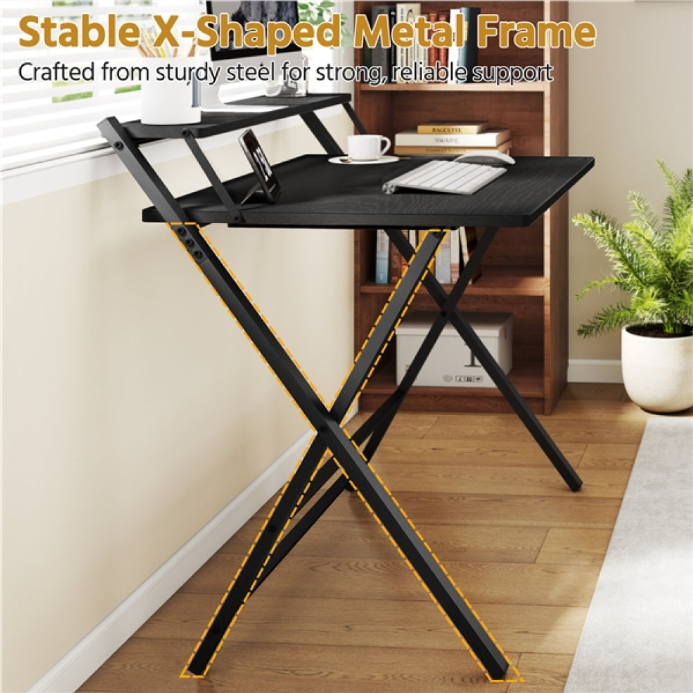 2-Tier Foldable Computer Desk w/ Monitor Shelf