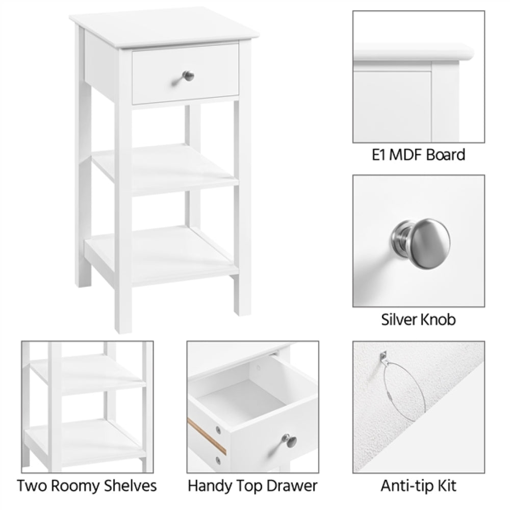 Narrow Bedside Table Nightstand with 1 Drawer 2 Shelves