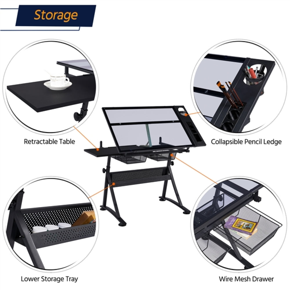 Height Adjustable Glass Drafting Table & Stool Set Art Table