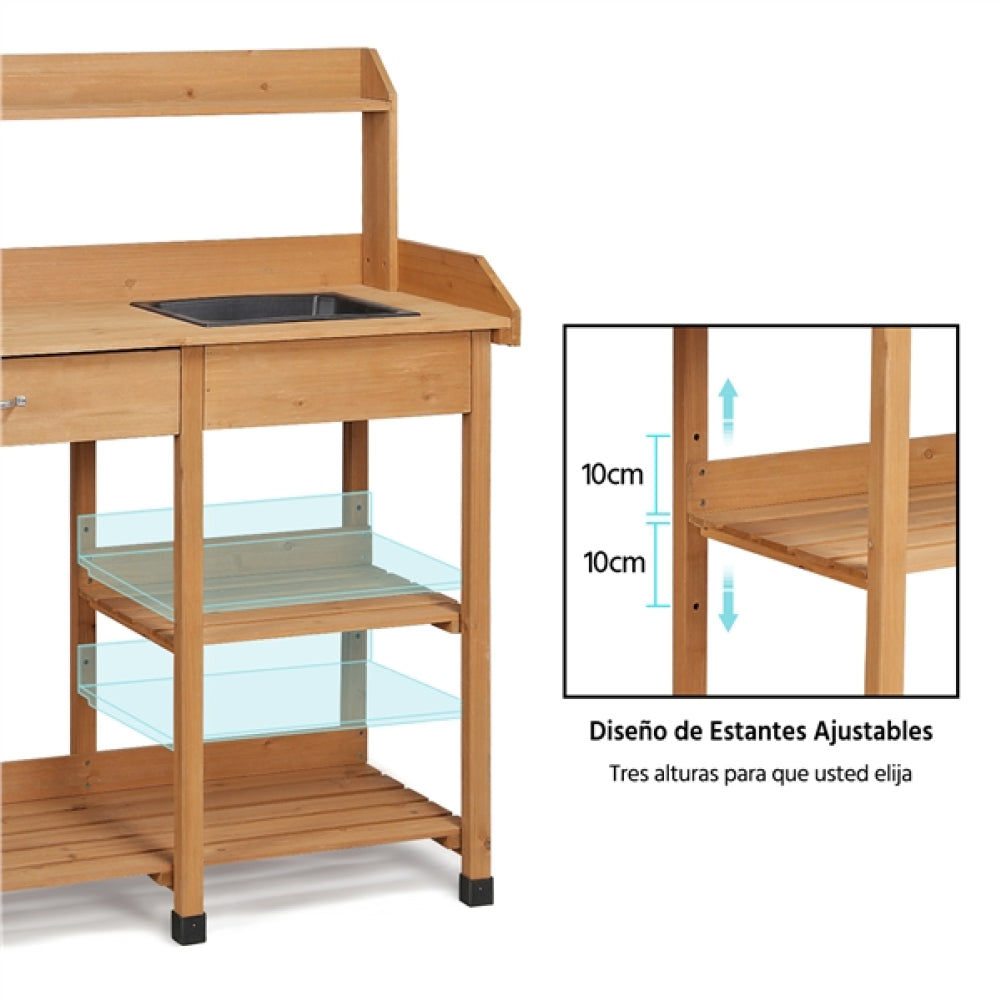 Potting Bench Table Removable Sink Firwood Drawer Open Multiple Shelves