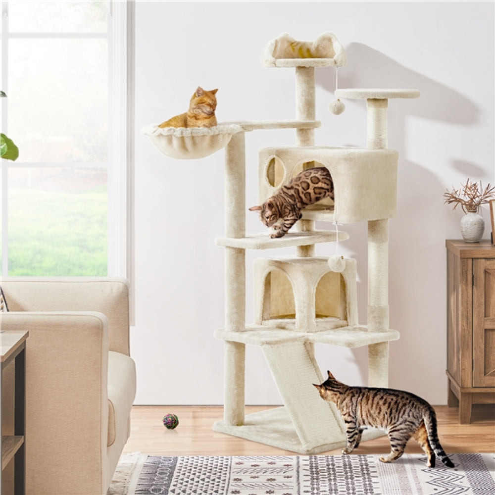 Cat Tree Condo Kitten Tree Tower w/ 2 Condos & Dangling Ball & Round Platform & Ladder