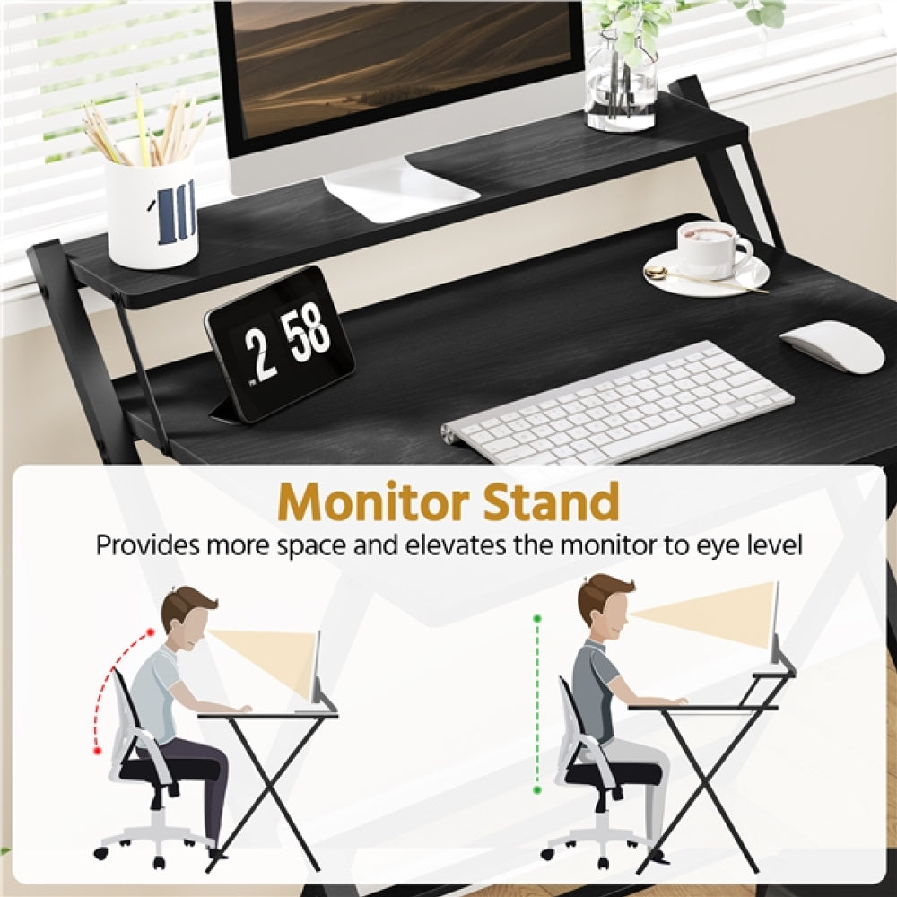 2-Tier Foldable Computer Desk w/ Monitor Shelf