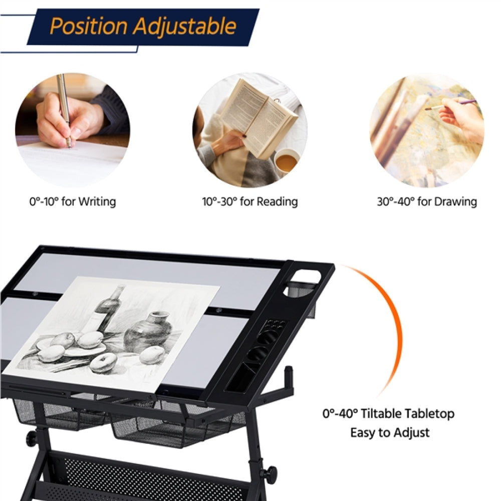 Height Adjustable Glass Drafting Table & Stool Set Art Table
