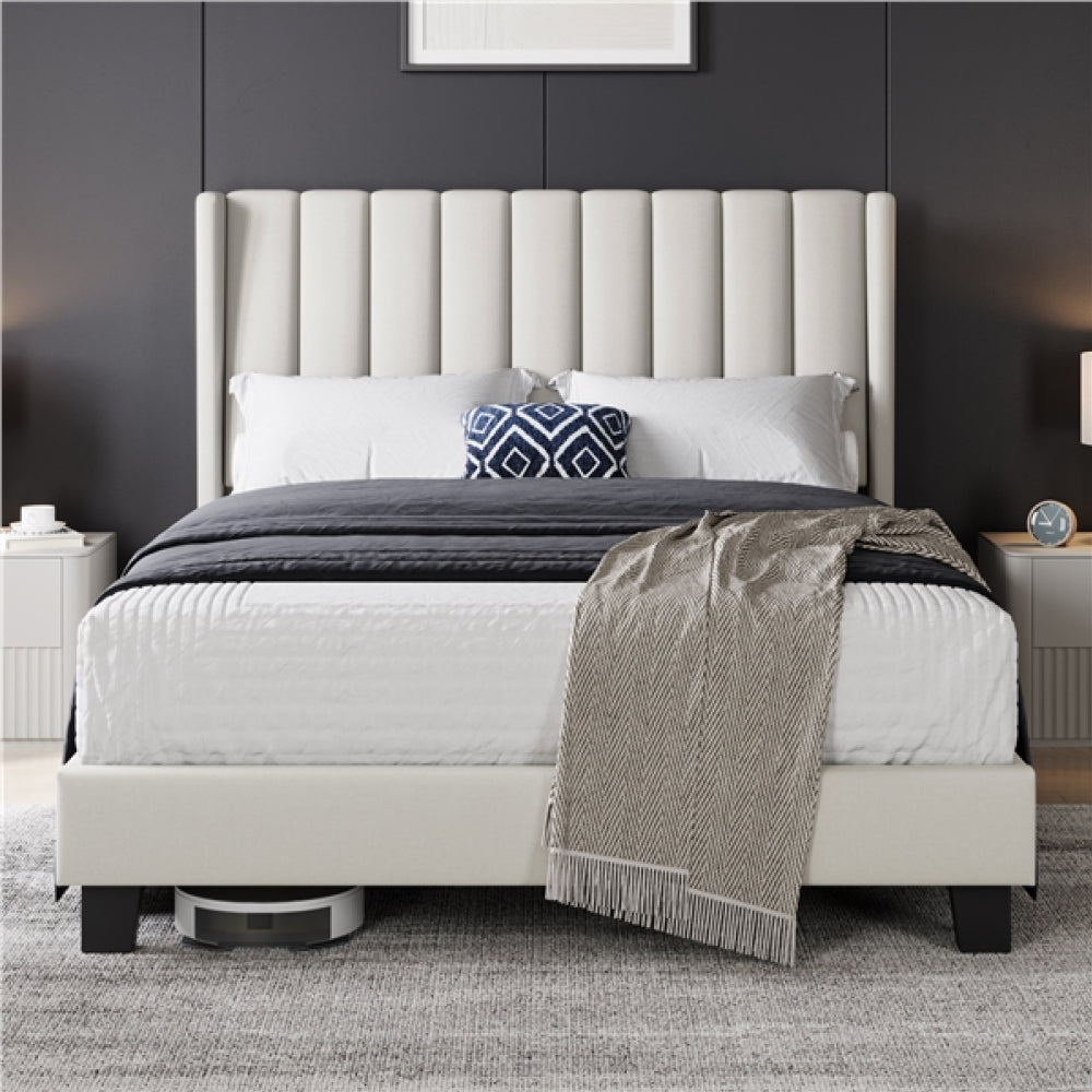 135 cm W x 190 cm L Upholstered Bed Frame With Base & Wing Side