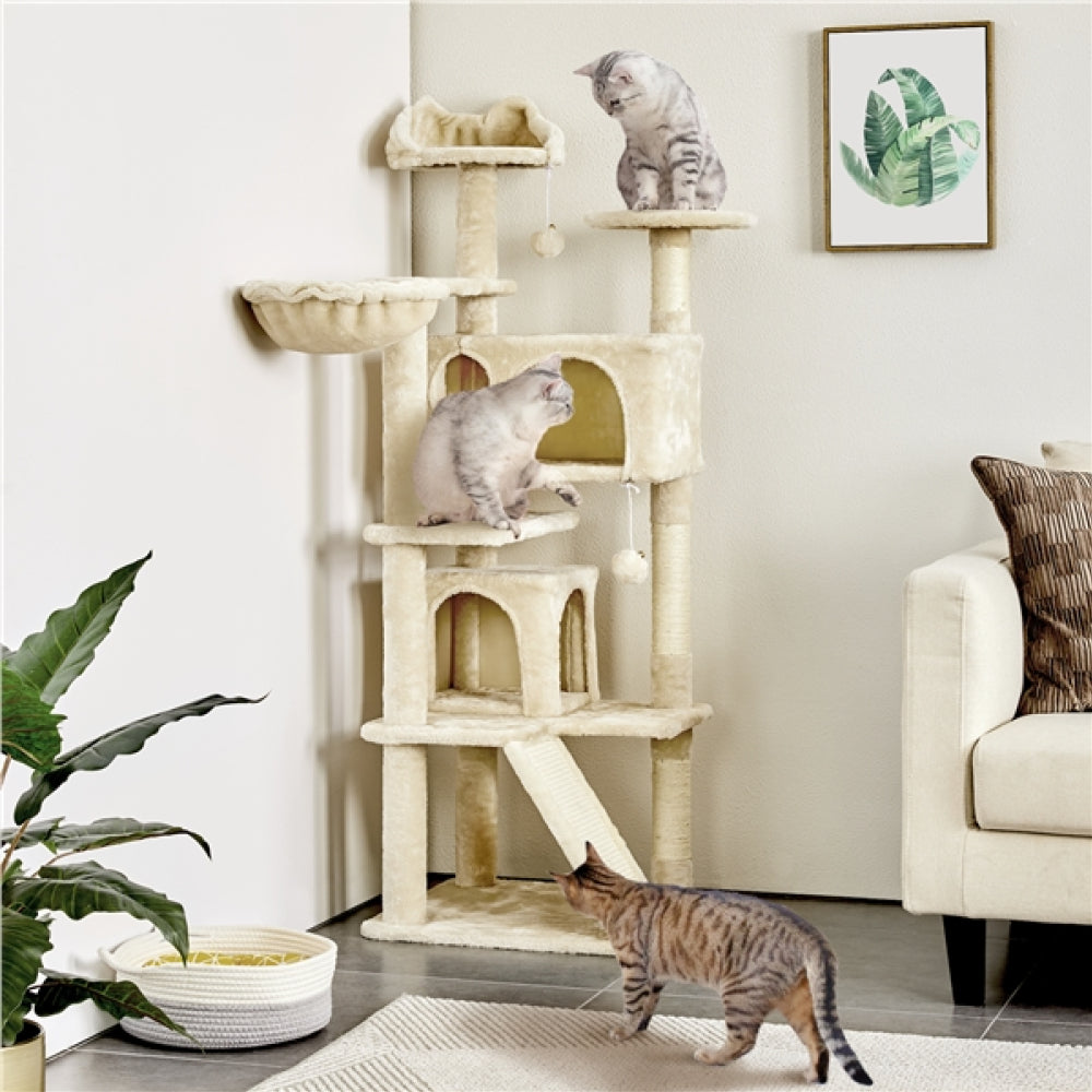 Cat Tree Condo Kitten Tree Tower w/ 2 Condos & Dangling Ball & Round Platform & Ladder