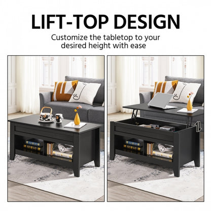 Shaker Design Lift Top Coffee Table w/Storage & 2 Open Shelves