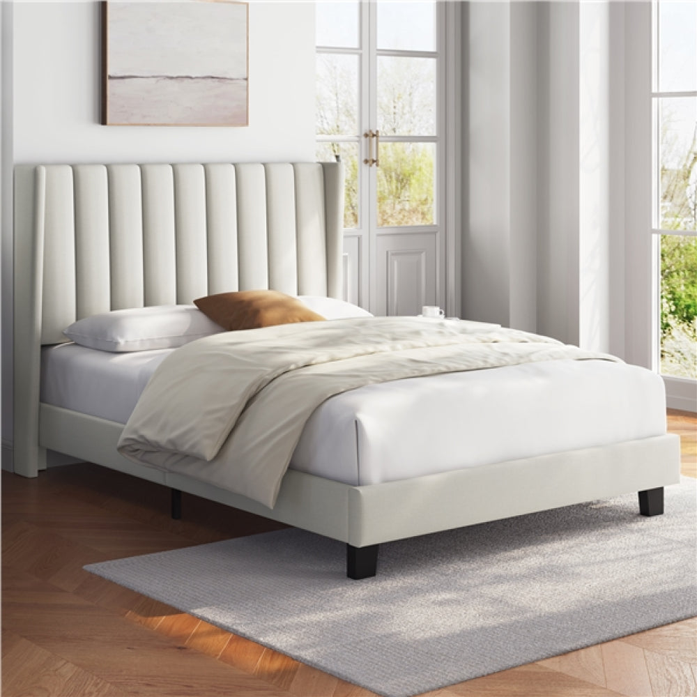 135 cm W x 190 cm L Upholstered Bed Frame With Base & Wing Side