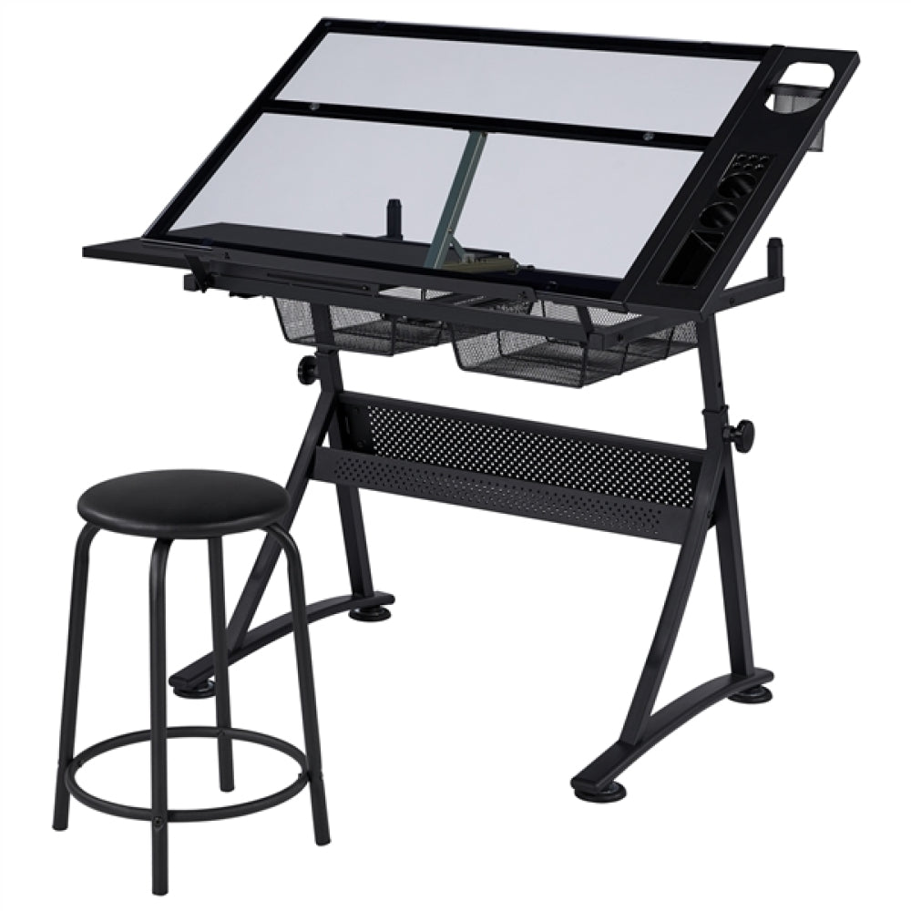 Height Adjustable Glass Drafting Table & Stool Set Art Table