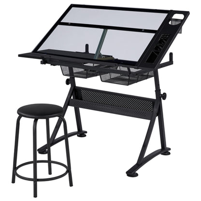Height Adjustable Glass Drafting Table & Stool Set Art Table