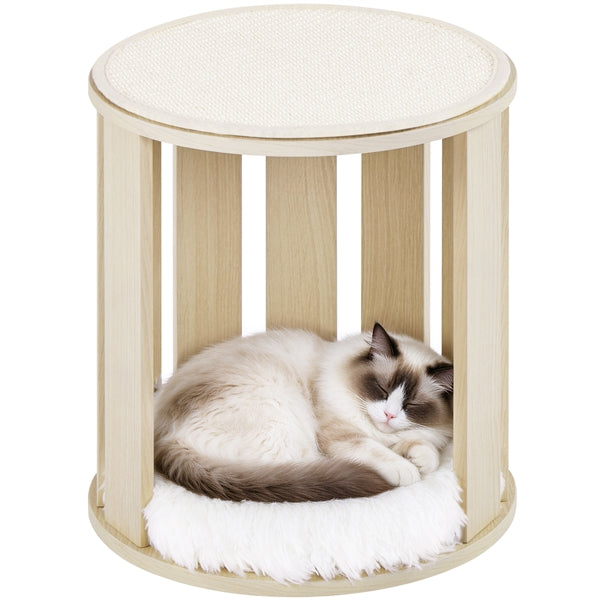Two-Level Cat House with Plush Cushion & Sisal Mat – Wood Style