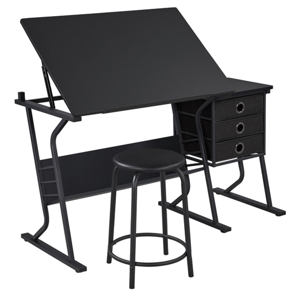 Drafting Table & Stool Set For Artists Tilting Tabletop with Additional Side Countertop