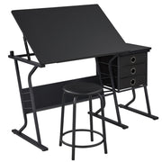 Drafting Table & Stool Set For Artists Tilting Tabletop with Additional Side Countertop