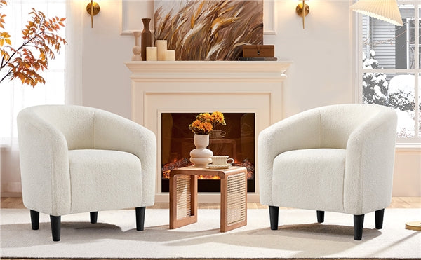 Ivory Boucle Barrel Chair – Curved Accent Armchair with Wood Legs