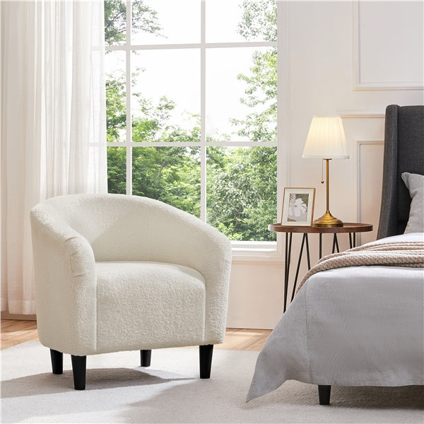 Ivory Boucle Barrel Chair – Curved Accent Armchair with Wood Legs