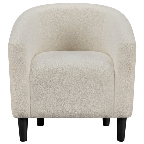 Ivory Boucle Barrel Chair – Curved Accent Armchair with Wood Legs