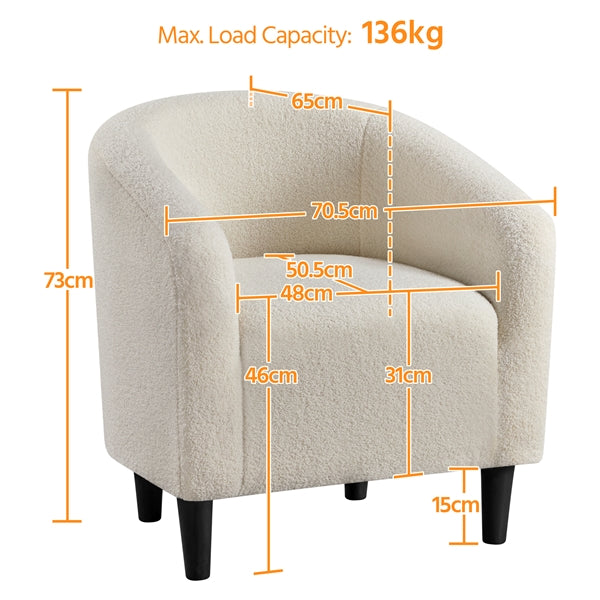 Ivory Boucle Barrel Chair – Curved Accent Armchair with Wood Legs