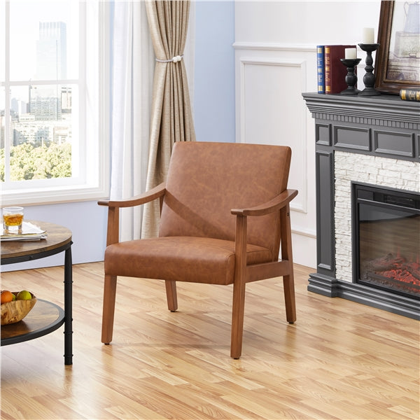 Mid-Century Modern Faux Leather Armchair with Solid Wood Leg