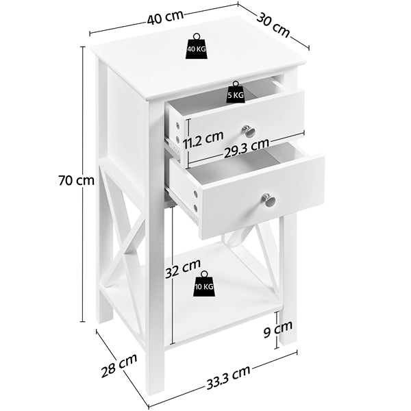 2x 70cm H Bedside Table with 2 Drawer 1 Shelf X Shape End Table Nightstand