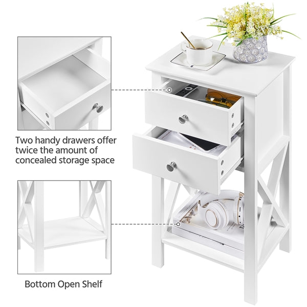 2x 70cm H Bedside Table with 2 Drawer 1 Shelf X Shape End Table Nightstand