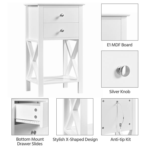 2x 70cm H Bedside Table with 2 Drawer 1 Shelf X Shape End Table Nightstand