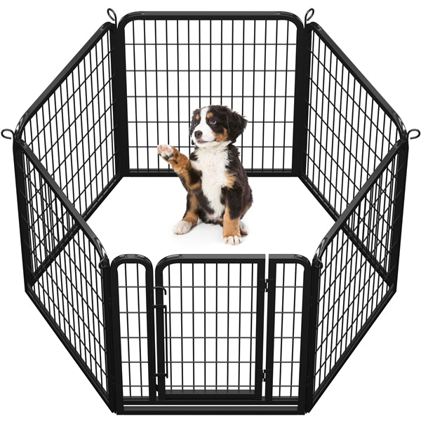 31.5"/80cm Dog Playpen Panels, Black Steel Fence w/Door, Outdoor Indoor Exercise Barrier