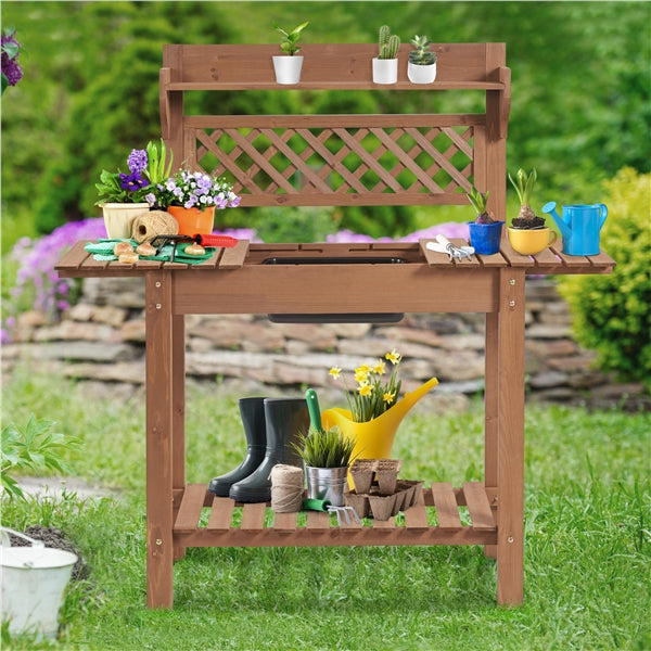 Rolling Garden Potting Bench Outdoor Planting Table Wooden Work Station Table