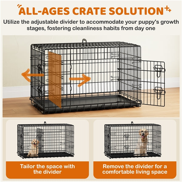 107 cm Dog Crate for w/ Divider Foldable Metal Wire Dog Cage Dog Kennel