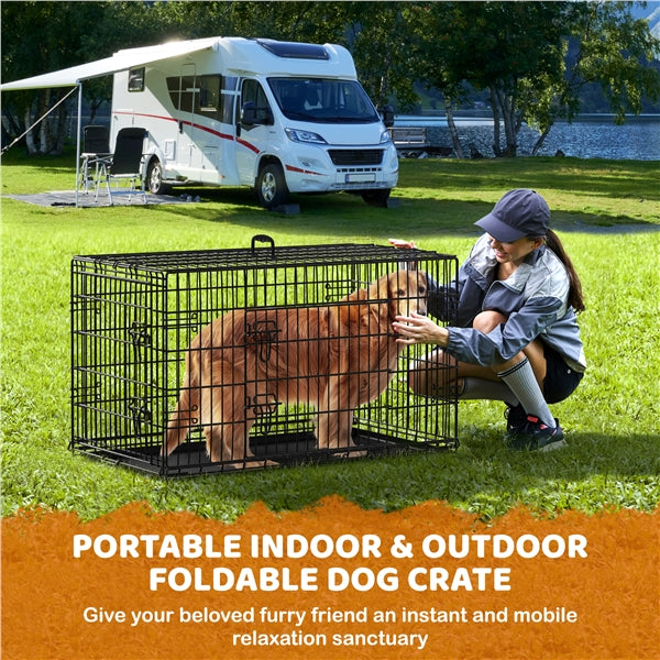 107 cm Dog Crate for w/ Divider Foldable Metal Wire Dog Cage Dog Kennel