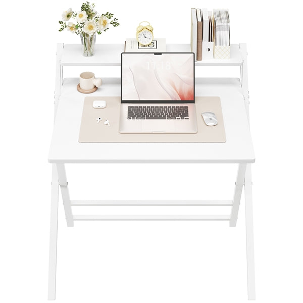 2-Tier Foldable Computer Desk w/ Monitor Shelf Small Table for Home Office