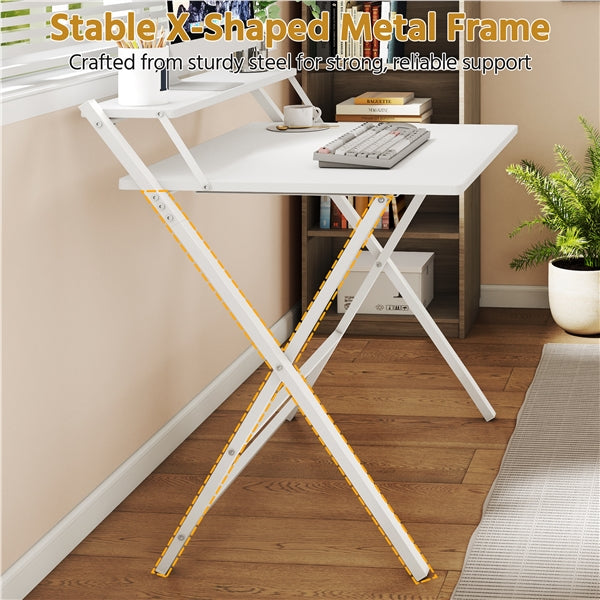 2-Tier Foldable Computer Desk w/ Monitor Shelf Small Table for Home Office