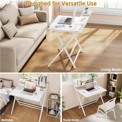 2-Tier Foldable Computer Desk w/ Monitor Shelf Small Table for Home Office