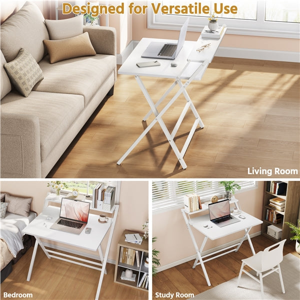 2-Tier Foldable Computer Desk w/ Monitor Shelf Small Table for Home Office