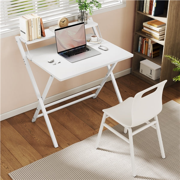 2-Tier Foldable Computer Desk w/ Monitor Shelf Small Table for Home Office