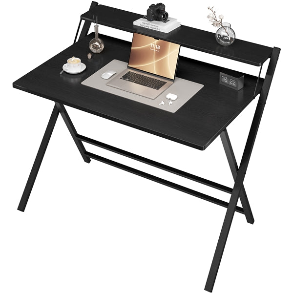 2-Tier Foldable Computer Desk w/ Monitor Shelf Home Office Table