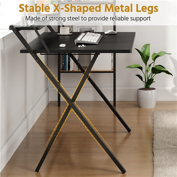 2-Tier Foldable Computer Desk w/ Monitor Shelf Home Office Table