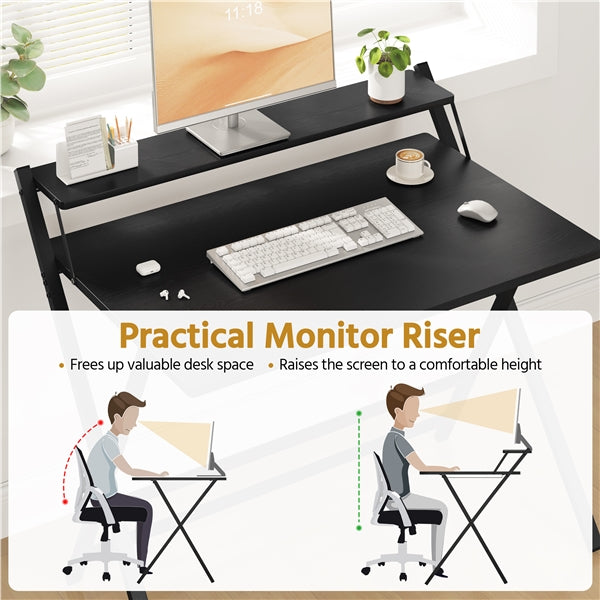 2-Tier Foldable Computer Desk w/ Monitor Shelf Home Office Table