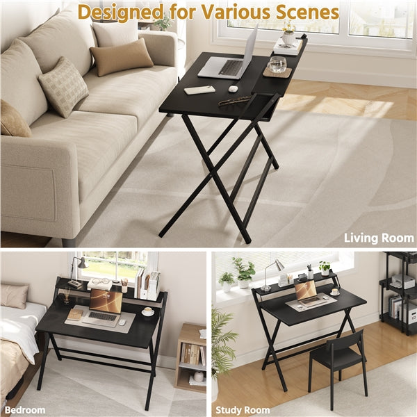 2-Tier Foldable Computer Desk w/ Monitor Shelf Home Office Table