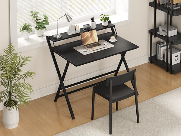 2-Tier Foldable Computer Desk w/ Monitor Shelf Home Office Table