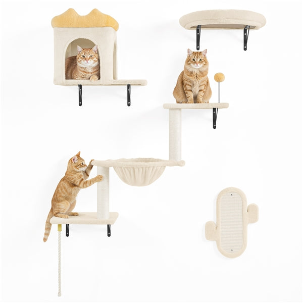 Yaheetech Wall-Mounted Cat Furniture — Cat Condo, Shelves, Basket & Scratching Post Set