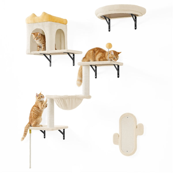 Yaheetech Wall-Mounted Cat Furniture — Cat Condo, Shelves, Basket & Scratching Post Set