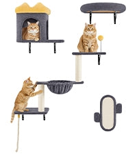 Yaheetech Wall-Mounted Cat Furniture — Cat Condo, Shelves, Basket & Scratching Post Set