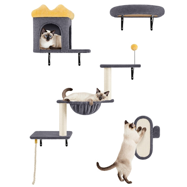 Yaheetech Wall-Mounted Cat Furniture — Cat Condo, Shelves, Basket & Scratching Post Set