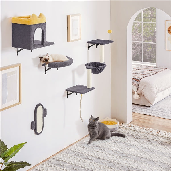 Yaheetech Wall-Mounted Cat Furniture — Cat Condo, Shelves, Basket & Scratching Post Set