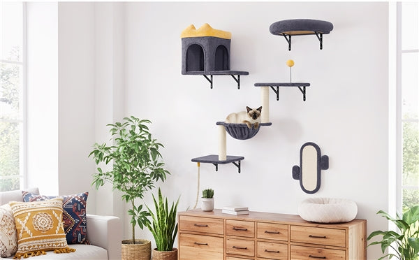 Yaheetech Wall-Mounted Cat Furniture — Cat Condo, Shelves, Basket & Scratching Post Set