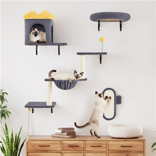 Yaheetech Wall-Mounted Cat Furniture — Cat Condo, Shelves, Basket & Scratching Post Set